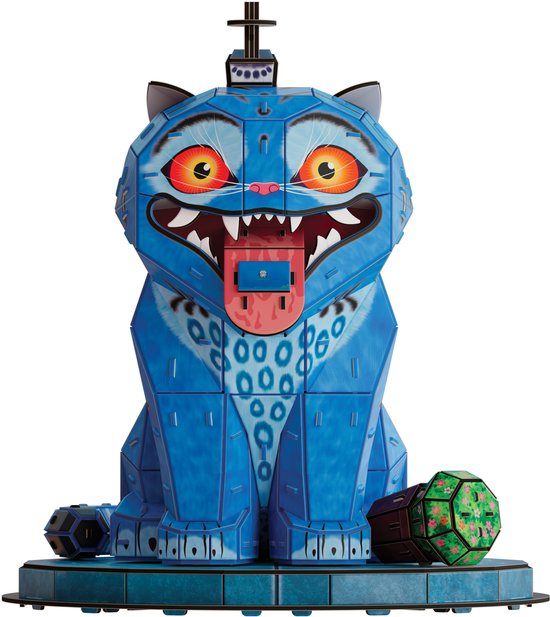 Blauwe, geometrische kat met felrode ogen, witte tanden, een grote roze tong en een zwart hoedje. Een veelkleurige bal ligt naast de kat.