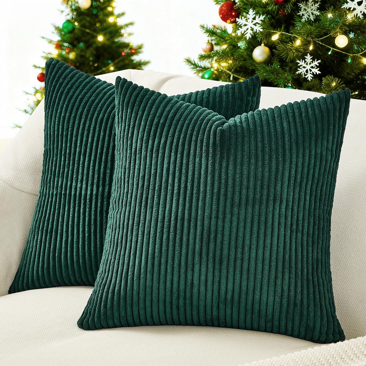Kussenslopen 40 x 40 cm, set van 2, donkergroen, gestreept patroon, corduroy, kussenslopen, sierkussen, bankkussen, sierkussensloop, decoratieve kussenhoezen, woonkamer
