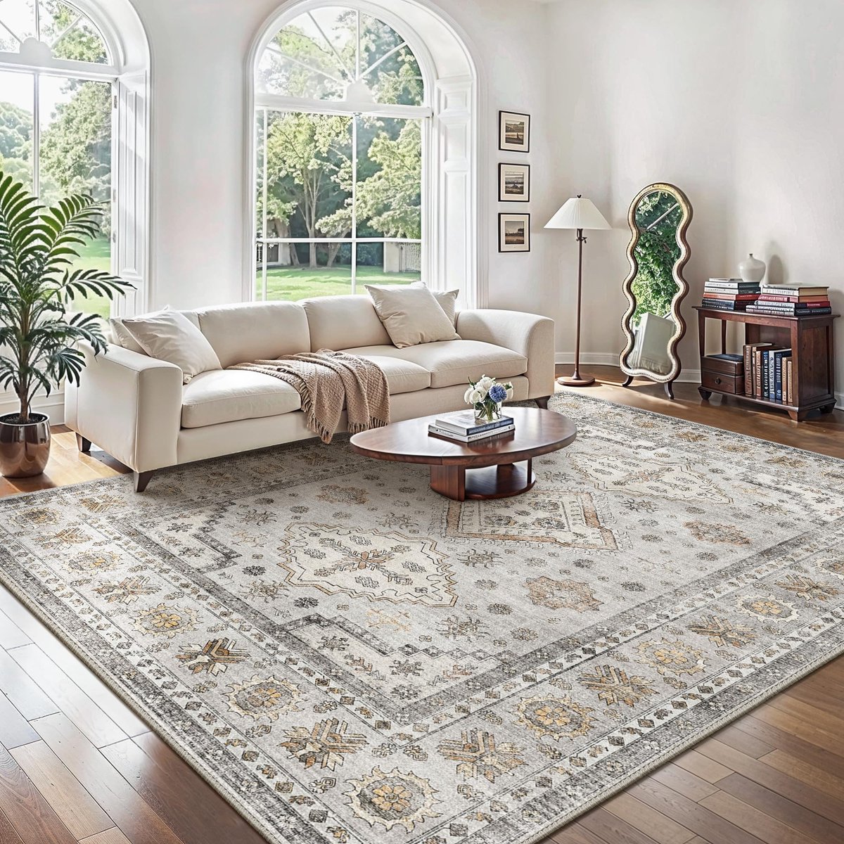 Tapijt voor Woonkamer, Vintage Vloerkleden met Antislip Onderkant, Wasbaar Vloerkleed Woonkamermat Moderne, Geschikt voor Slaapkamer, Keuken, 160x230CM, Zacht Beige