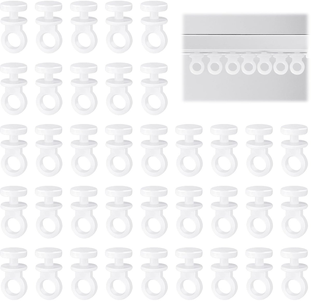 100 stuks Spoorzwevers voor Caravan, Plafond, Rail - Moeiteloos Glijdende Schuifhaken, Plastic Witte Haak Rollers voor Raam, Deur, Douchegordijnen (Kop 9 mm)