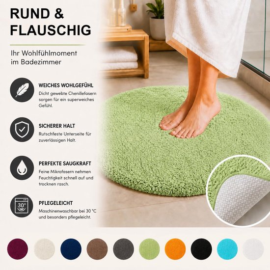 Badkamertapijt Ø 60 cm – Ronde badkamermat van chenille – Zacht, antislip, goed absorberend, machinewasbaar badmat – Groen