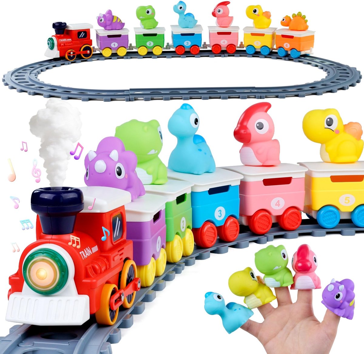 Trein met Rails, Licht en Stoomfunctie, Dinosaurus Vingerpoppen, Montessori Sensorisch Speelgoed, Educatief Speelgoed voor Kinderen 2 Jaar, Cadeau 1-3 Jaar