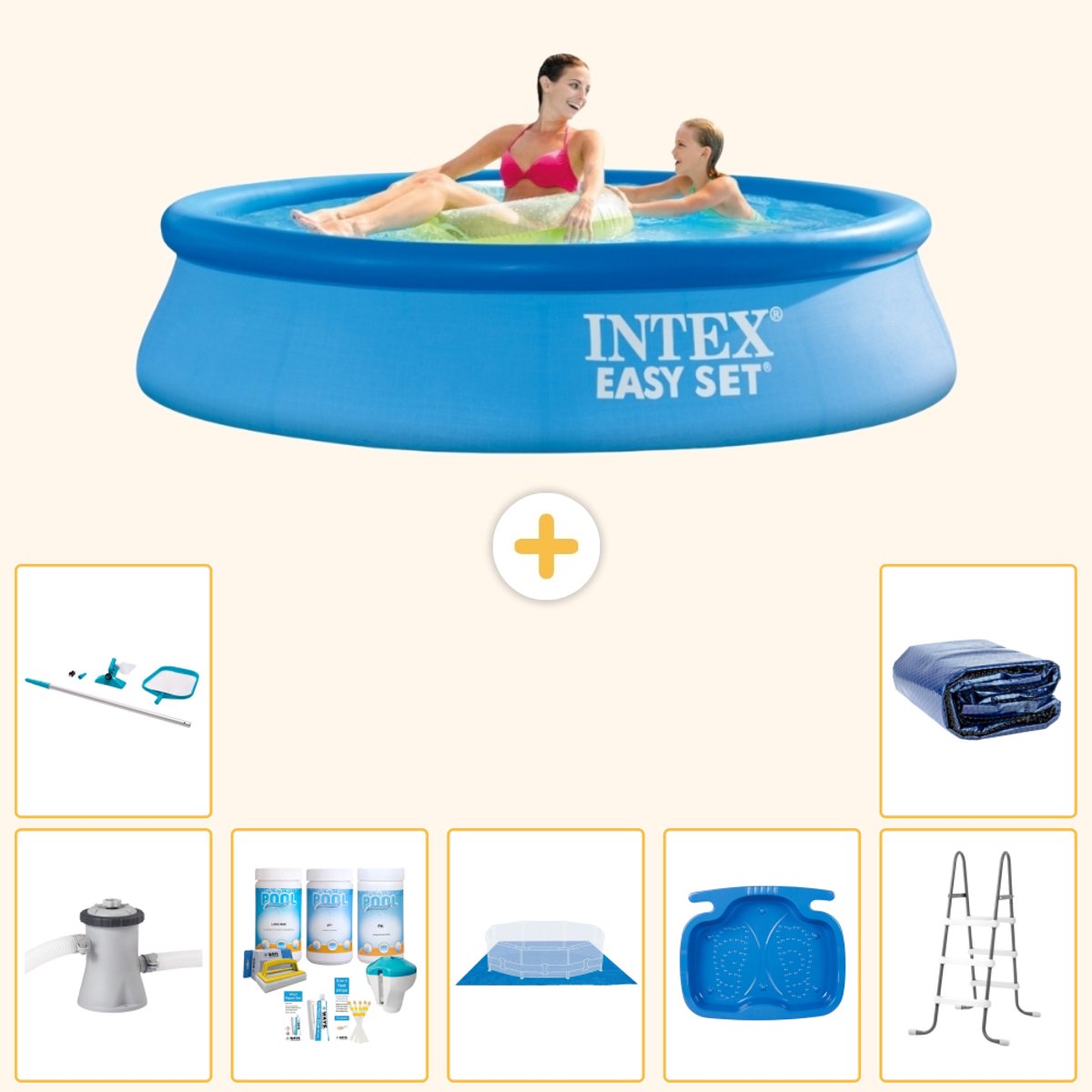 Intex Rond Opblaasbaar Easy Set Zwembad – 244 x 61 cm – Blauw – Inclusief Pomp – Onderhoudspakket – Grondzeil – Voetenbad – Ladder – Schoonmaakset – Solarzeil – 8-delig