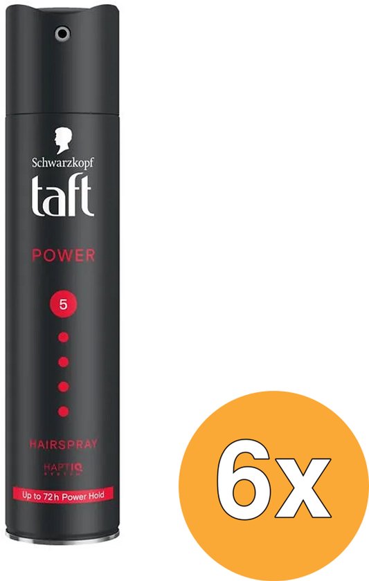 Zwarte Taft Power haarsprayfles met oranje cirkel '6x'.