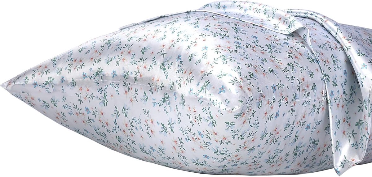 Zijdeachtige Satijnen Kussenhoes met Rits, Polyester Satijnen Kussenhoes voor Haar, Gladde Bloemenprint met Crème Bloemen, 40 x 60 cm