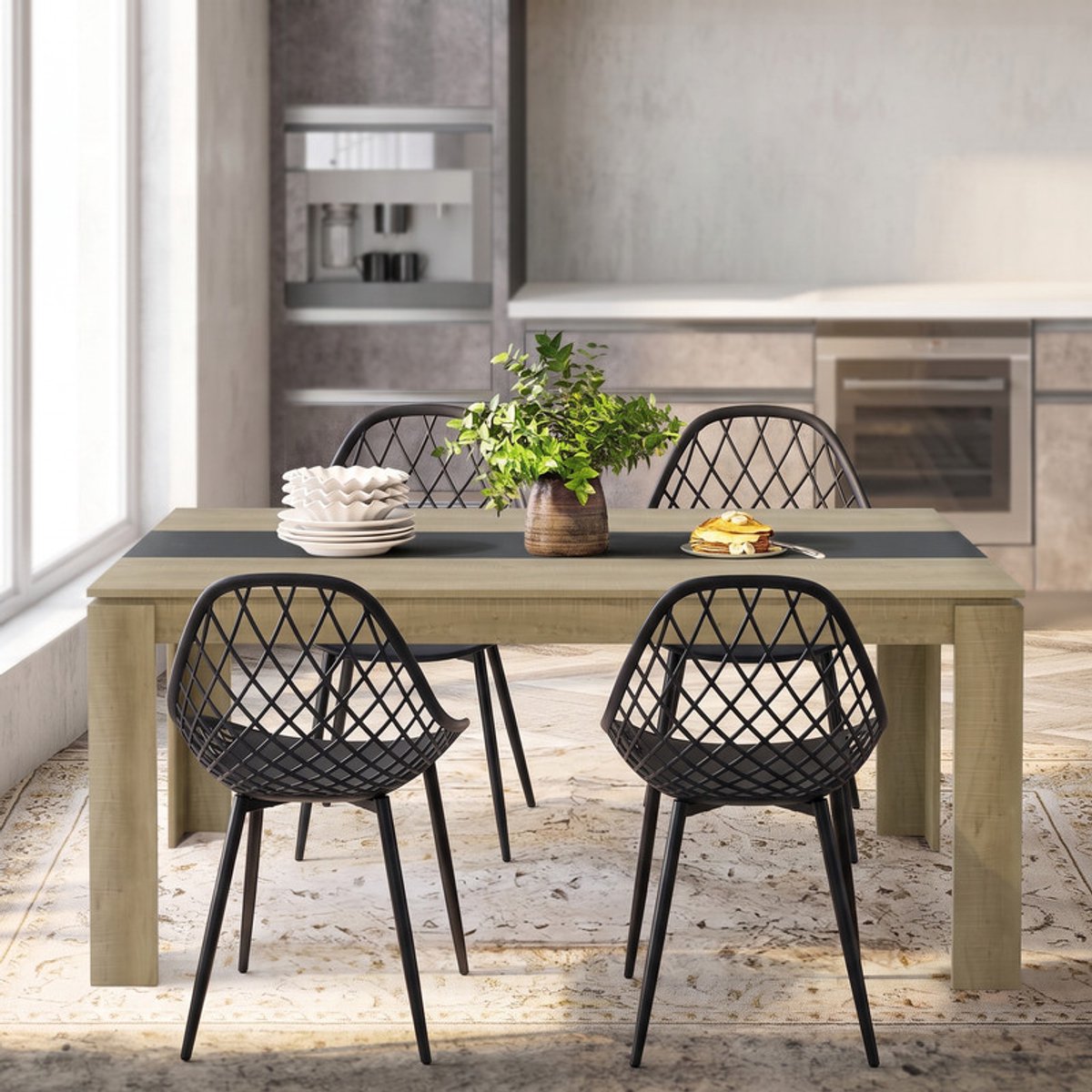 EGGREE 4-delige eettafel- en stoelenset; een eettafel- en stoelenset geschikt voor 4 personen - inclusief stoelen; geschikt voor keuken, eetkamer of woonkamer (eettafel 160 x 80 x 75 cm + 4 Zwarte eetkamerstoelen).