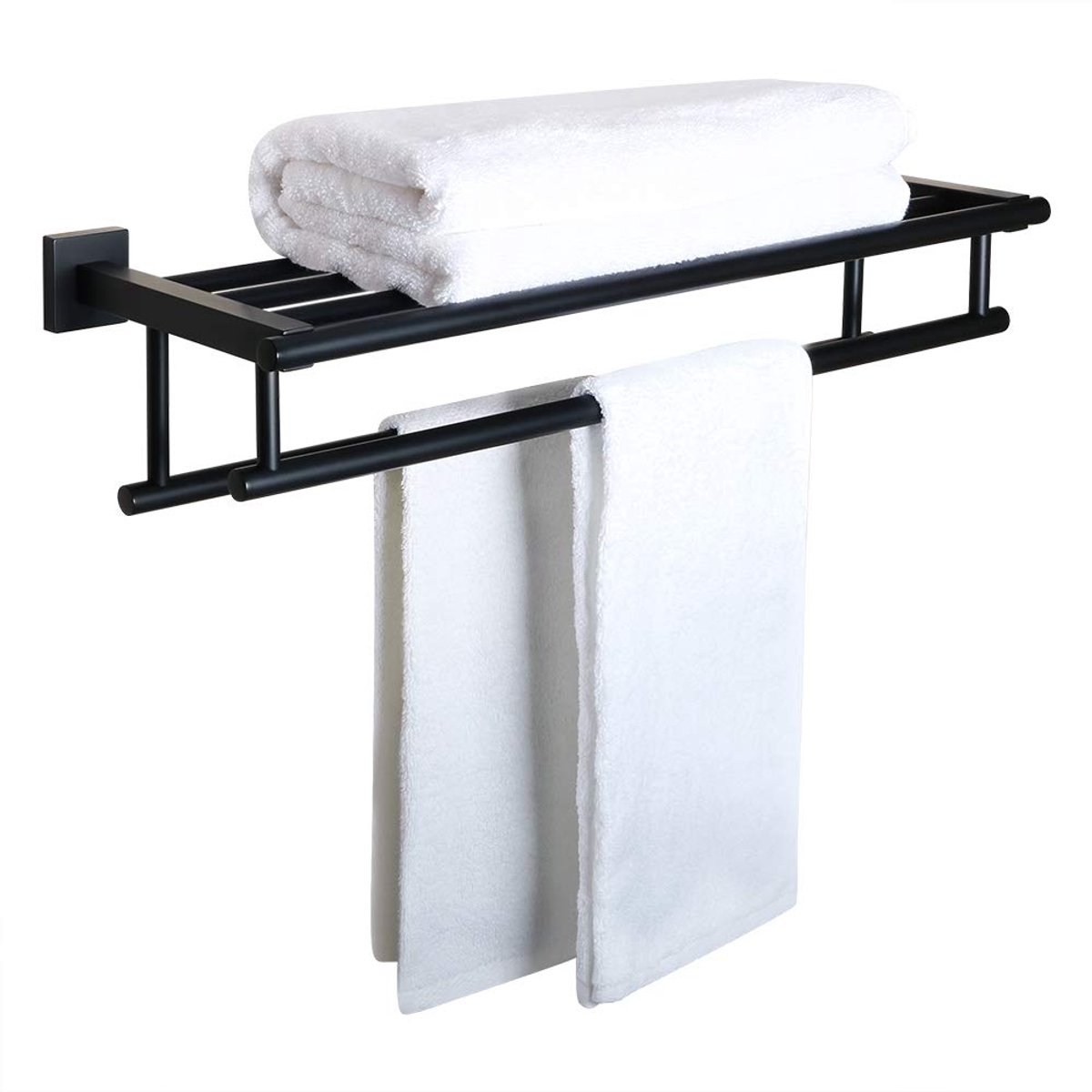 Handdoekenrek Wandmontage 60CM Dubbele Handdoekplank voor Badkamer Handdoekhouder van SUS304 Roestvrij Stalen Handdoekstang Matzwart, EGZ8000-B