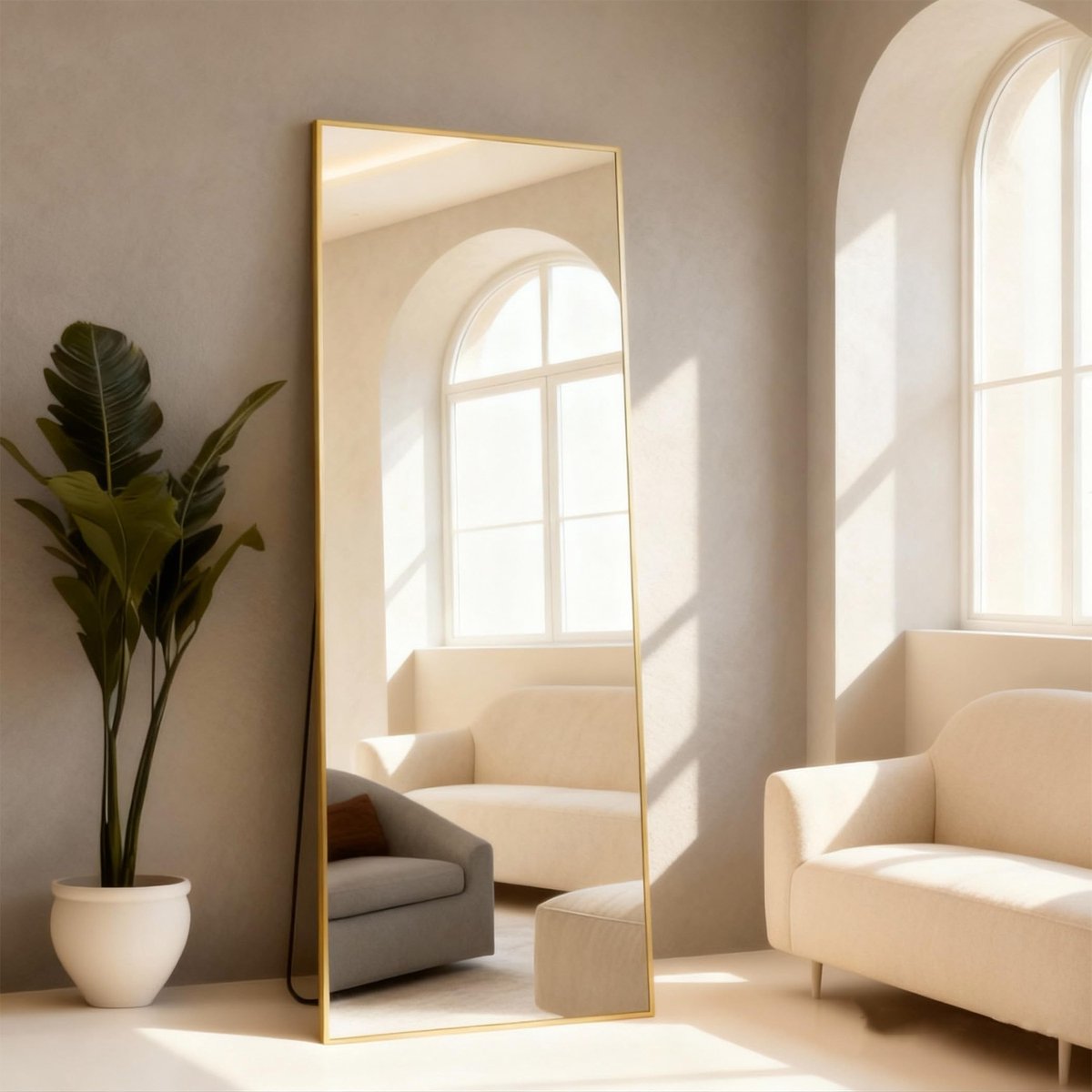 Boog full-body spiegel, 165 x 60 cm vloerspiegel met gouden aluminium frame, rechthoek staande spiegel, grote wandspiegel om te staan, leunen of hangen, vloerspiegel voor slaapkamer, woonkamer