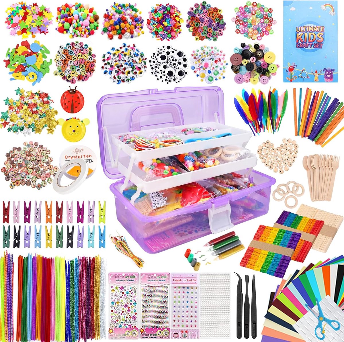 Knutselset voor kinderen,3000+Stuks,Doe-Het-Zelf Knutselkoffer,Craft Kit voor kinderen inclusief pijpenrager,Wiggle ogen,sticks,veren,pompons,kralen,scrapbooking,DIY Art Craft Set