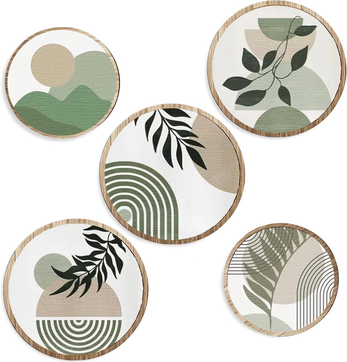5 stuks houten boho-wanddecoratie groen, moderne wanddecoratie woonkamer, 3D ronde vintage wanddecoratie voor boerderij, hal, slaapkamer, kinderkamer (groen, 5 stuks)