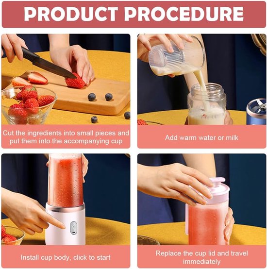 Draagbare Mixer - Smoothie Maker - Gezonde Drankjes Maken - 6 Roestvrij Staal Messen - 400 ml - Roze — afbeelding 5
