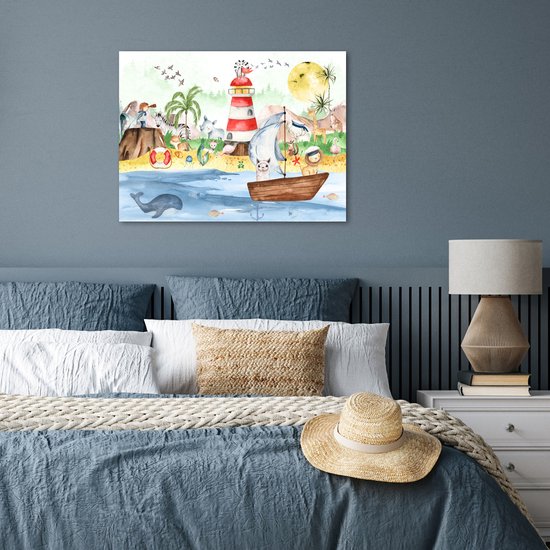 Poster kinderen - Wanddecoratie jongens - Strand - Dieren - Kinderen - Vuurtoren - Poster kinderkamer - 80x60 cm - Decoratie kinderkamers - Kinderkamer decoratie - Poster Babykamer — afbeelding 4