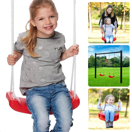 Cheqo® Kunststof Schommel Set - Schommel Plank - Schommelplankje - Schommelplank - Schommelzitje - Verstelbaar tot 180 cm - Rode Schommel voor Kinderen - Draagkracht 60 kg
