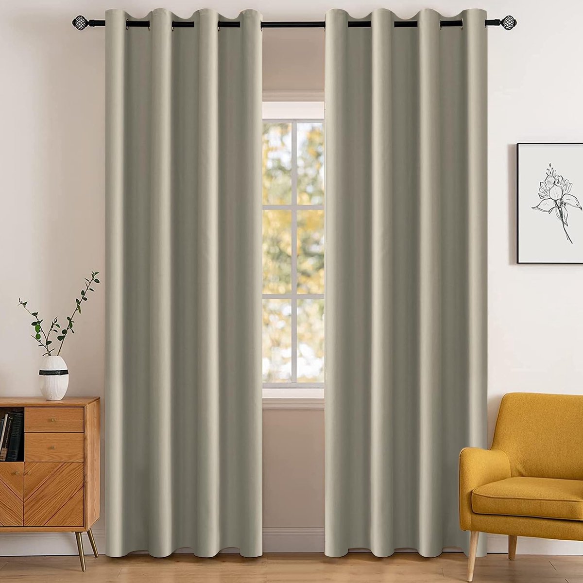 Waterdicht Gordijnen Set Van 2, 140x175cm(B X H), Warmte-Isolerende Thermische Gordijnen Met Ringen, Ondoorzichtig, Koude, Geluidsbescherming, Voor Woonkamer, Slaapkamer, Beige