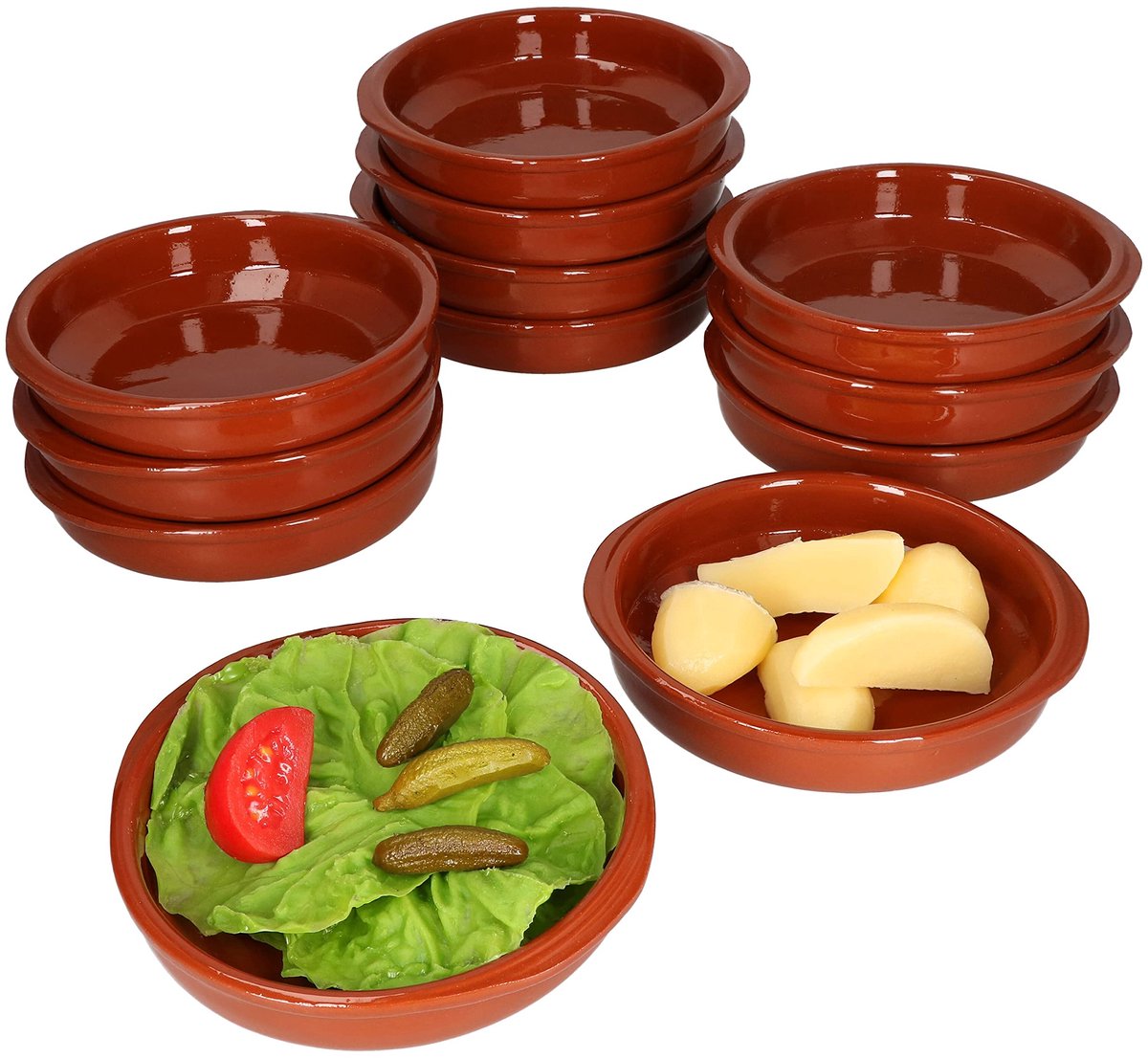 Cazuela Bernd Schaal met handvat, set van 12 kommen, 300 ml, rond, 16 cm, van klei, geglazuurd, maat M, hittebestendig, voor ovenschotel, Tiramisu fingerfood, uniek, handgemaakt, vintage