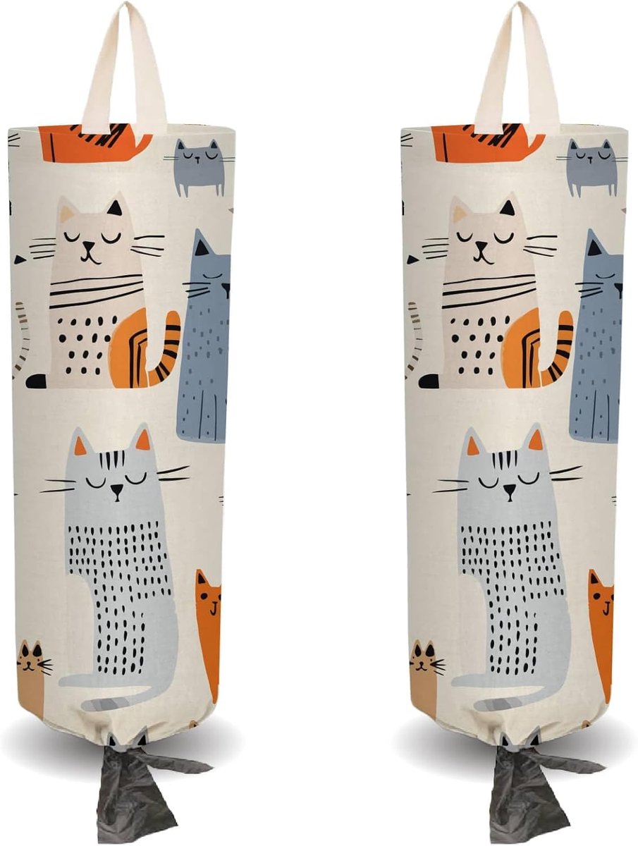 2 Stks Leuke Kat Plastic Boodschappentas Houder met 4 Stks Haken Herbruikbare Muur Mount Heavy Duty Winkelen Opbergtas Zak Canvas Waterdichte Wasbare Organizer Dispenser voor Thuis Keuken