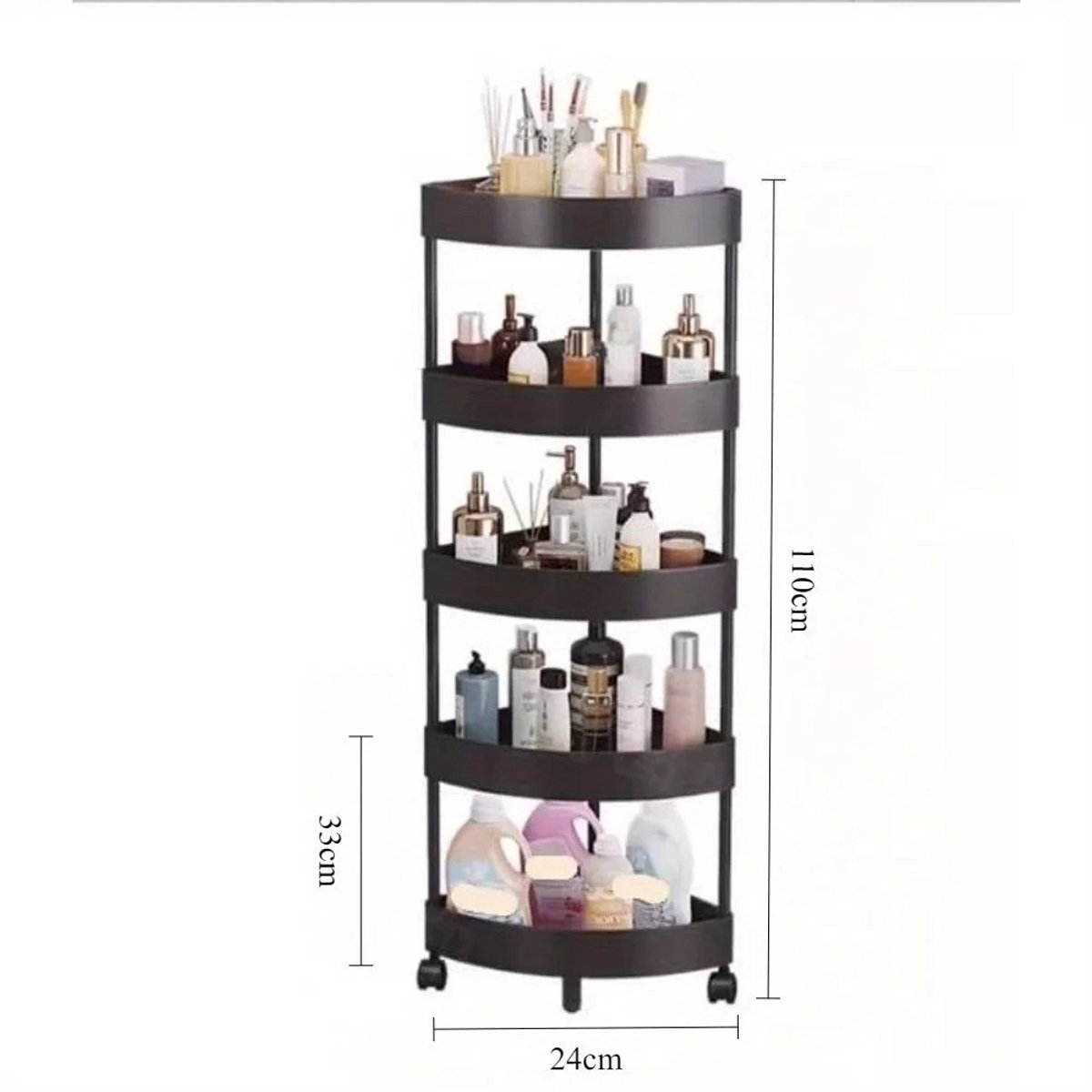 Bresht Badkamerrek - Badkamerorganizer - Veiligheidsranden - Stevig en stabiel - Vochtbestendig - Zwart - 24 × 24 × 110 cm