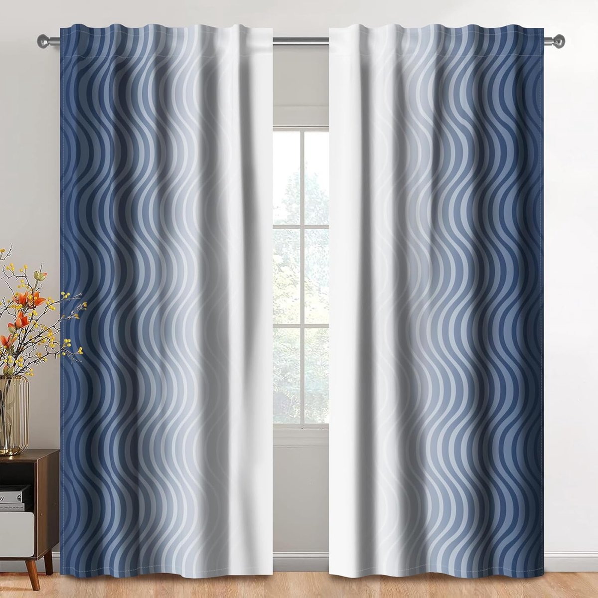 Panelen, kleurverloop, grijs, blauw, wit, ombre golflijnen, gordijn voor ramen, moderne artistieke decoratie voor slaapkamer, woonkamer