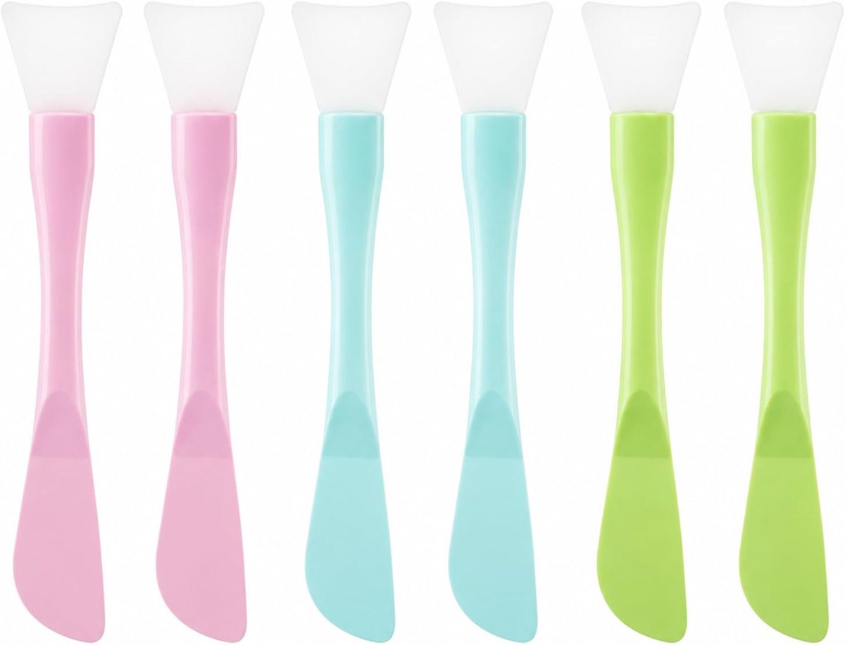 6 stuks gezichtsmaskerkwast 2-in-1 zachte siliconen kwast dubbel uiteinde spatel applicator gezichtsborstel masker voor klei modder crème ogen huidverzorging (roze + paars + blauw)