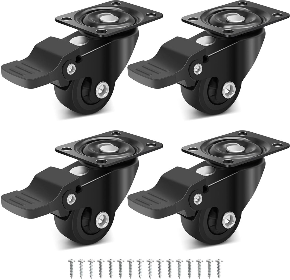25 mm wielen voor kleine zwarte meubels met 4 remmen, stille zwenkwielen, draagvermogen 45 kg, rubberen belastbare wielen voor tafel, kast, rek