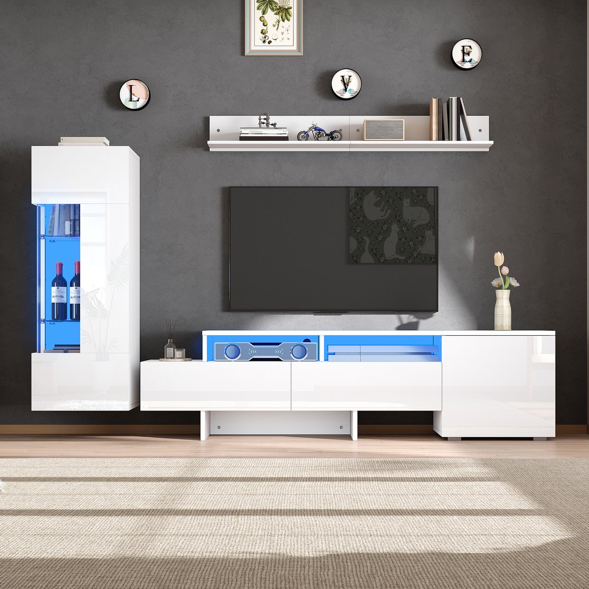 REDOM - TV-meubelset 3-delig - Hoogglans fronten met LED-verlichting - Staand en hangend ontwerp met opbergruimte - Moderne stijl - Woonkamer - Glas, acryl, spaanplaat - Wit