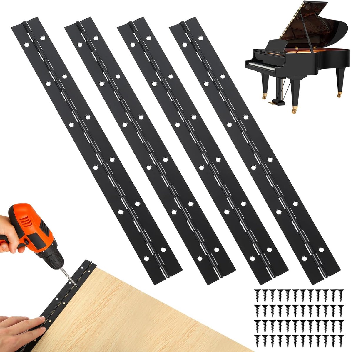 Scharnieren voor hout, 30 cm/12 inch doorlopende scharnieren met gaten, roestvrijstalen kastscharnier voor kastdeuren, piano's, ramen, met schroeven (zwart)