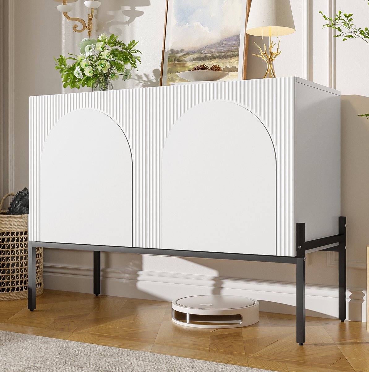 STILVORA Dressoir - Modern Boogdesign Met 2 Deuren En Metalen Poten - Voor Woonkamer, Eetkamer En Hal - Spaanplaat - 100x40x75 Cm - Wit
