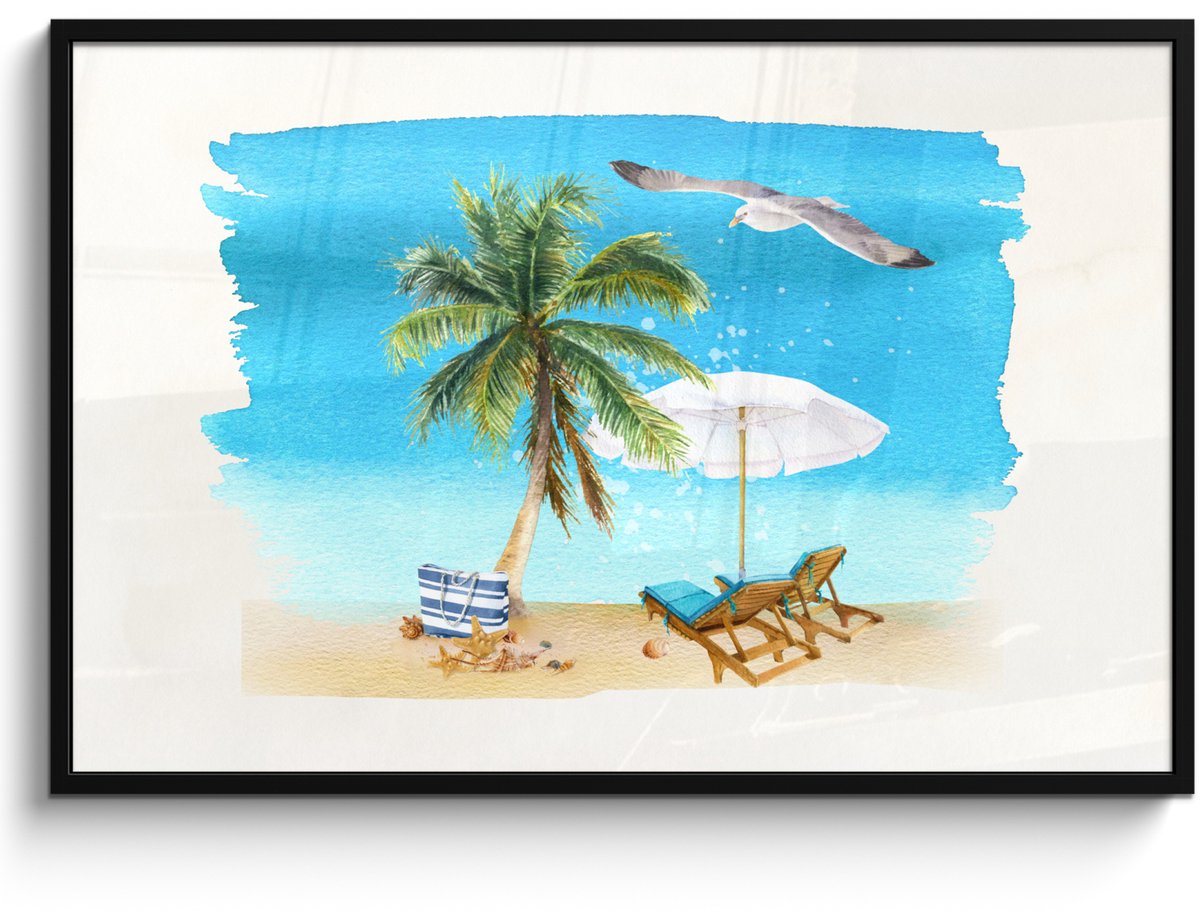 Fotolijst incl. Poster - Strandstoel - Parasol - Palmbomen - Strand - 120x80 cm - Posterli