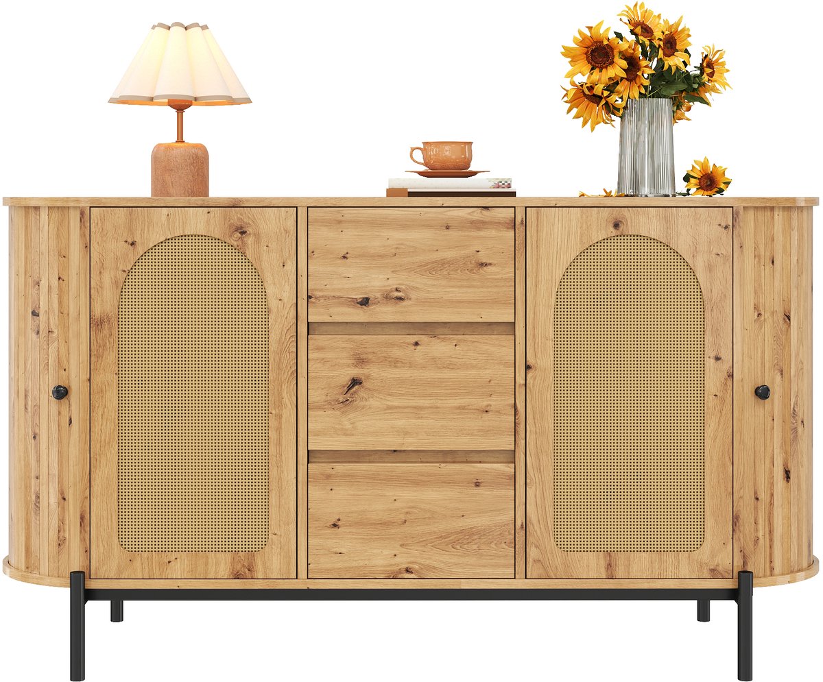Ovaal sideboard met rattan deuren - Houtlook met zwarte metalen poten - Schuifdeuren, 2 rattan deuren, 3 lades en verstelbare planken - Duurzaam MDF, multifunctioneel voor woonkamer, eetkamer en hal
