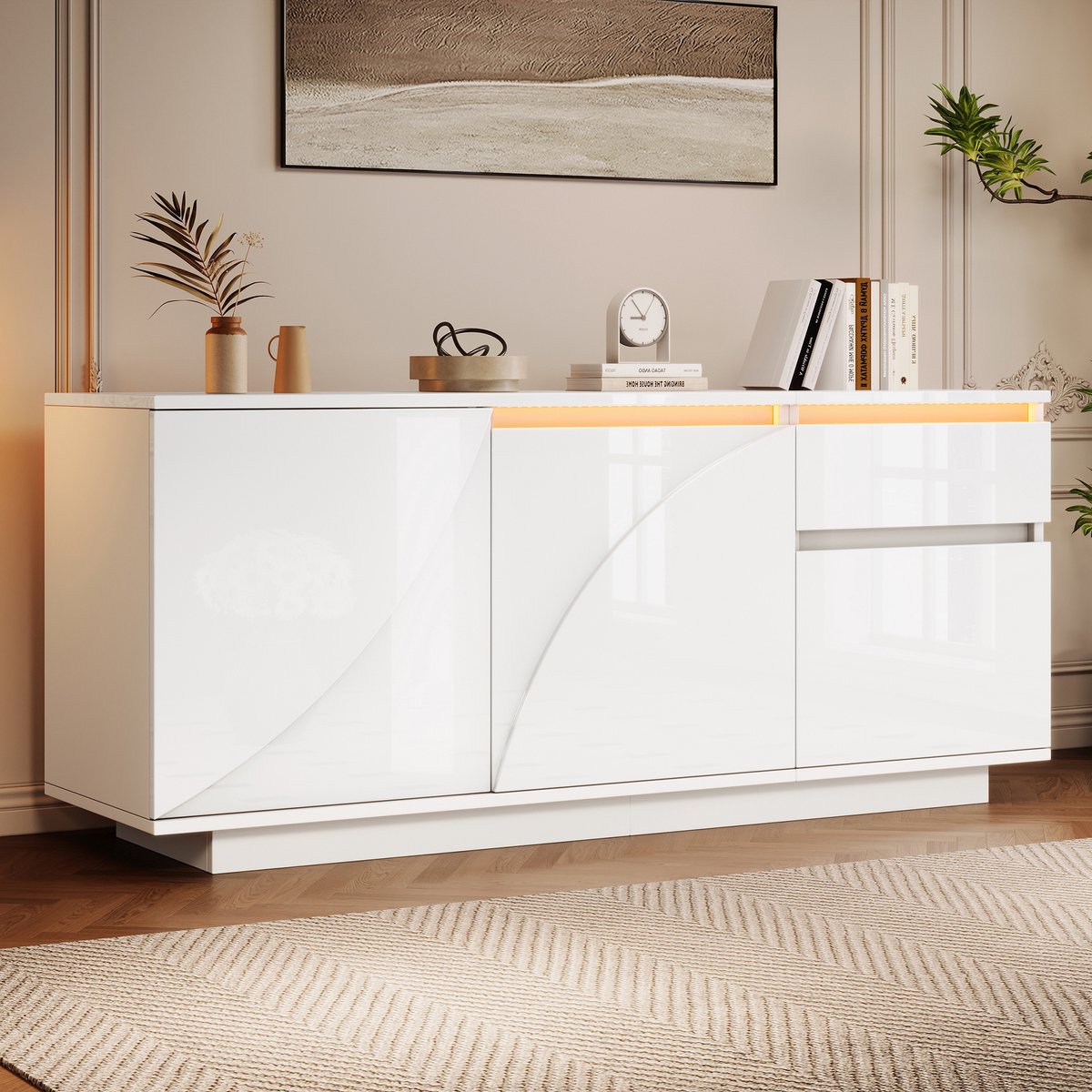 Opbergkast - 140x40x60 cm wit - LED met app - verstelbare planken - hoogglans