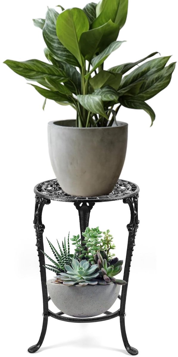 plantenstandaard, bloempottenrek, 2 gelaagde retro plantenplank (zwart)
