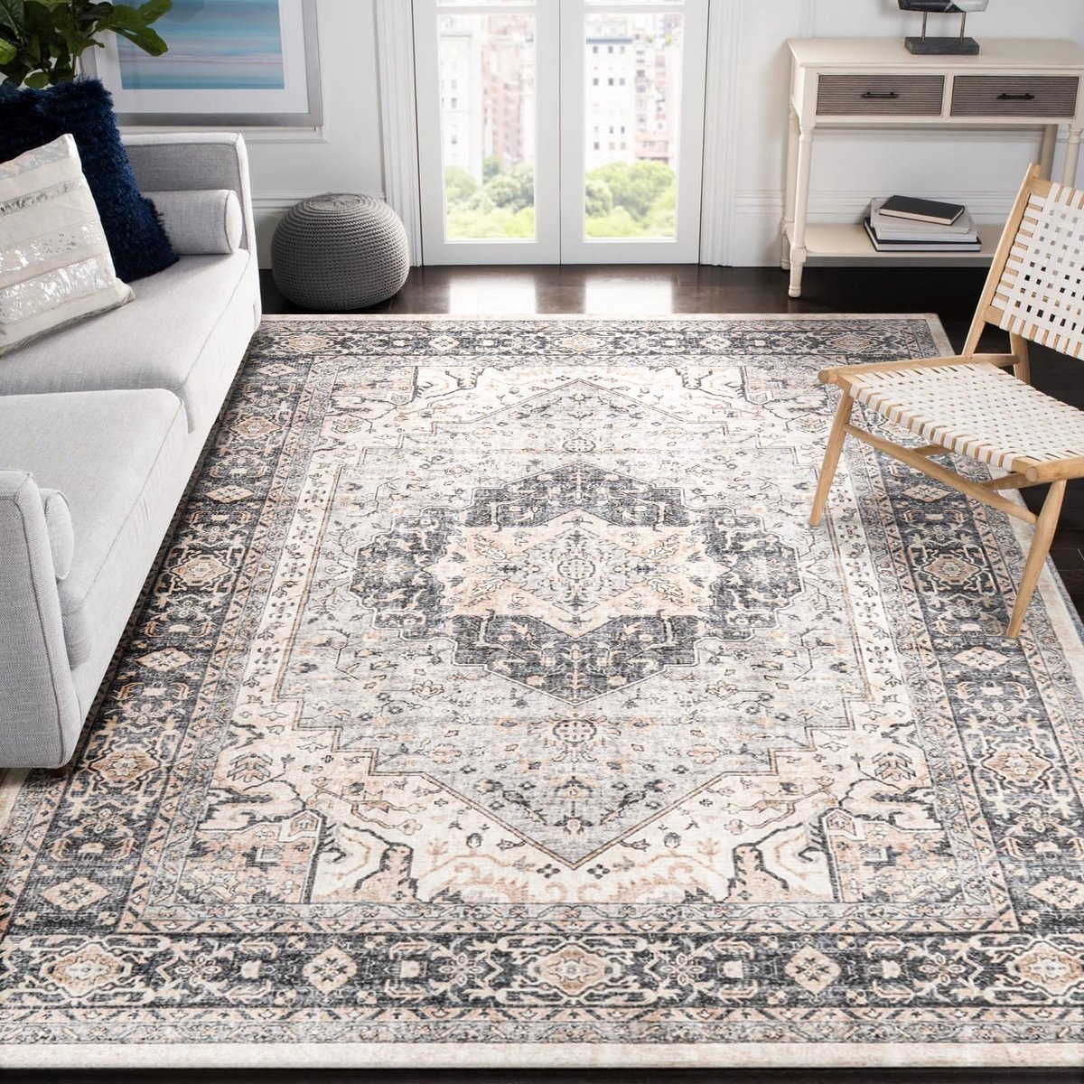 Vloerkleed, 150 x 210 cm antislip lange tapijtloper Wasbaar grijs vloerkleed, zachte microvezel vintage medaillon vloermat, vloerkleed voor woonkamer gang ingang