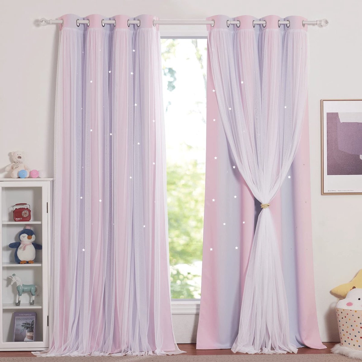 Gordijnen voor kinderkamer voor meisjes, 2 stuks, verduisteringsgordijnen met holle sterren en voile, ondoorzichtig, gordijn met inslagringen, H 300 x B 132 cm, roze + paars