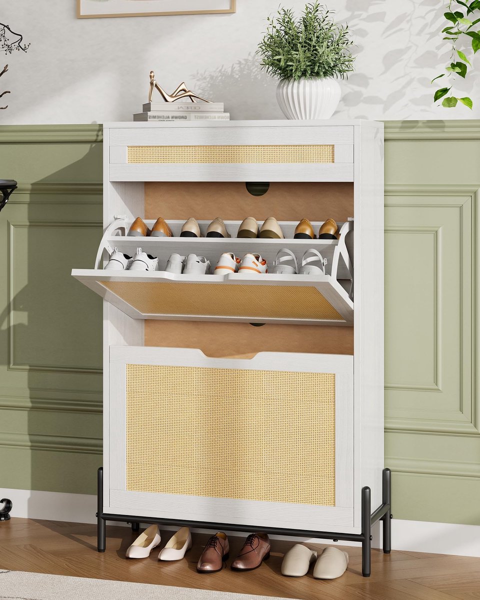 Schoenenkast Smal Voor 8-16 Paar Schoenen - 60x22x104.5cm - Schoenenrek - Schoenenmeubel Rattan - 2 Kleppen en 1 Lade - Vrijstaand - Verstelbare Planken - Voor Hal En Woonkamer - Wit