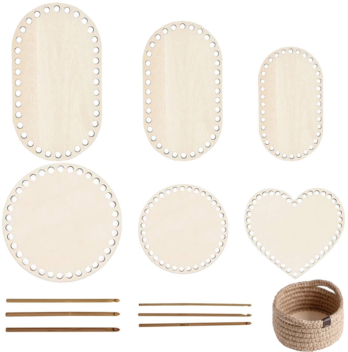 6 stuks mandbodem voor haken, houten houten vloer voor gehaakte mand, 3 vormen manden haken met houten bodem, met haaknaalden, voor doe-het-zelf mandbreien en wooncultuur