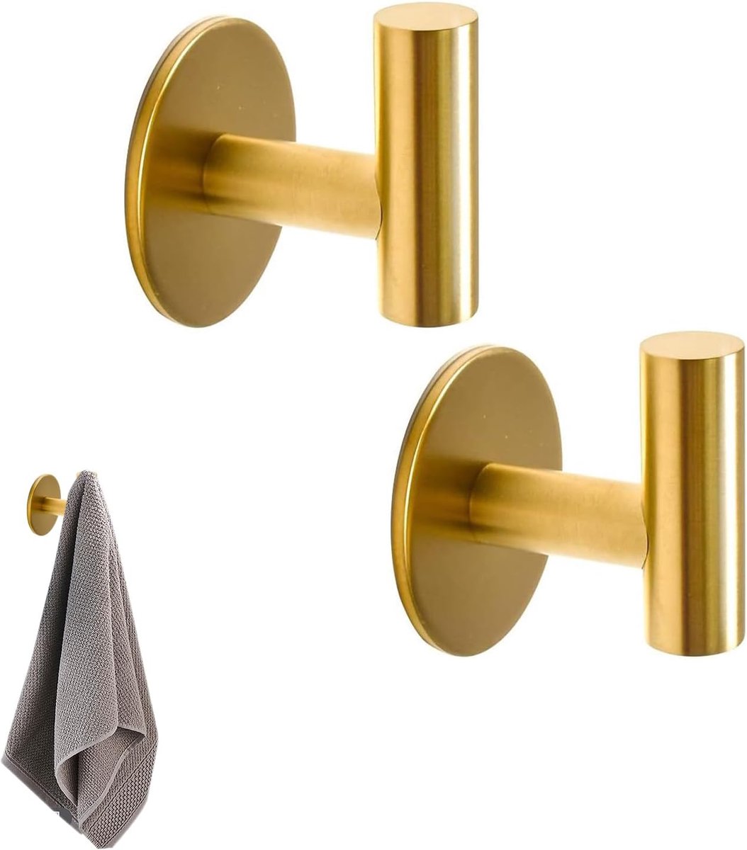 2 zelfklevende handdoekhaken voor badkamer, roestvrij staal SUS304, zelfklevende kledinghaken, waterdicht, voor keuken, badkamer, kleding (goud)