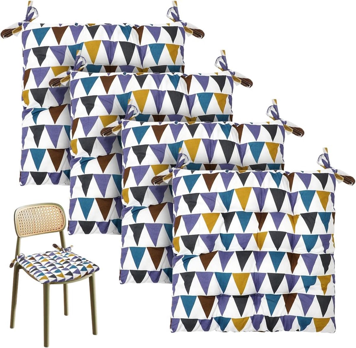 4 stuks cartoon stoelkussens, 40 x 40 cm, zitkussen met banden, kussen voor tuinstoelen, zitkussen voor binnen en buiten, stoelkussen voor eetkamer, woonkamer, studeerkamer, geometrisch patroon