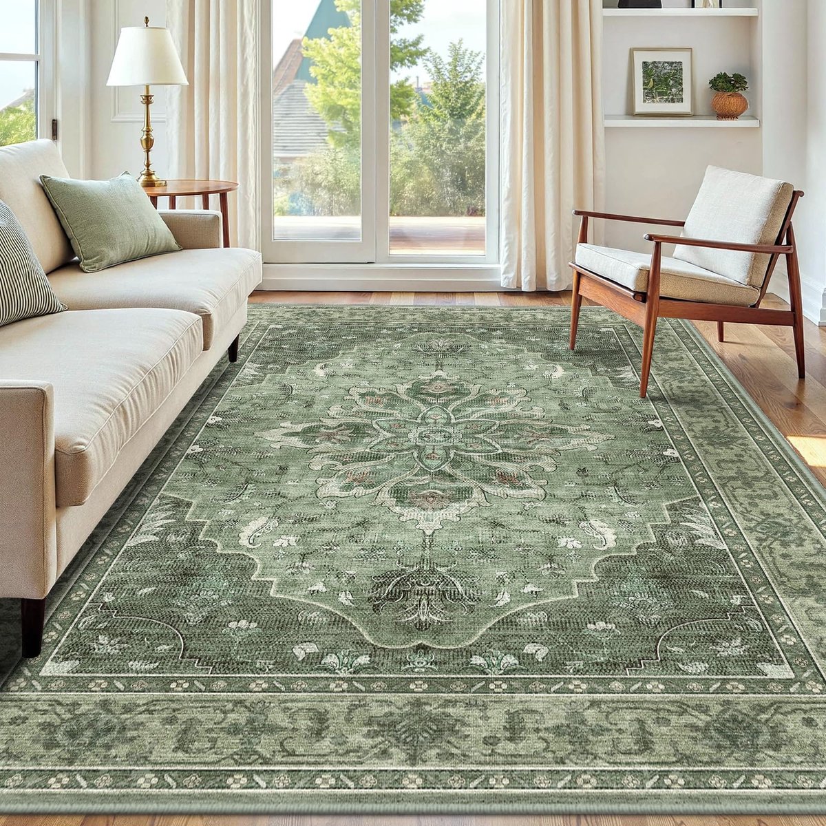 Machinewasbare Tapijten 180x270 cm Vintage Boho Vloerkleed Laagpolig Antislip Tapijt met Print Patroon voor Woonkamer Slaapkamer Huiskontoor Binnenhuis Grijs/Groen