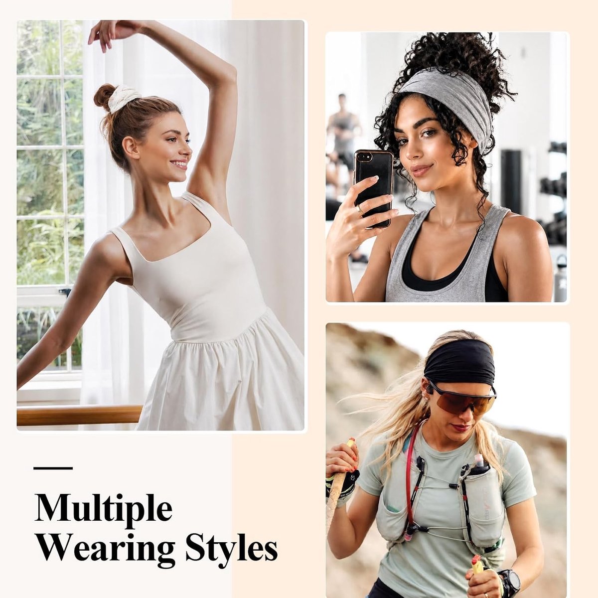 Set van 3 elastische sporthoofdbanden voor dames, modieuze brede haarbanden voor yoga, hardlopen en make-up, antislip en zacht in zwart