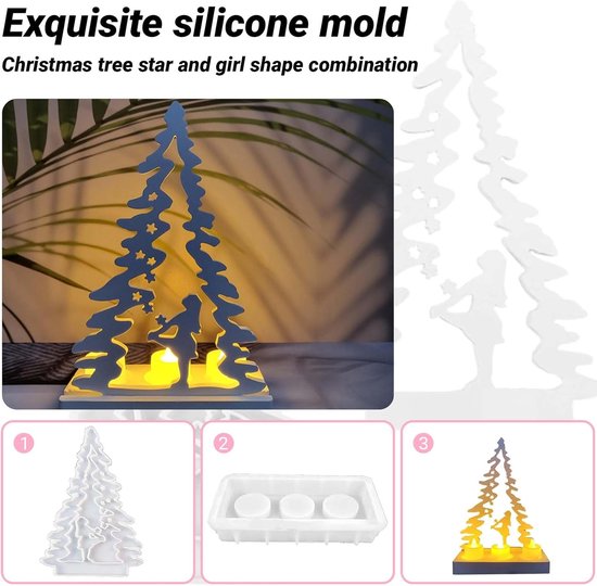 2 stuks siliconen gietvormen voor Kerstmis, siliconen vorm voor meisjes, gietvorm, dennenboom, gipsvormen voor het gieten van Kerstmis, siliconen gietvorm, dennenboom, kaarshouder, kerstboom — afbeelding 2