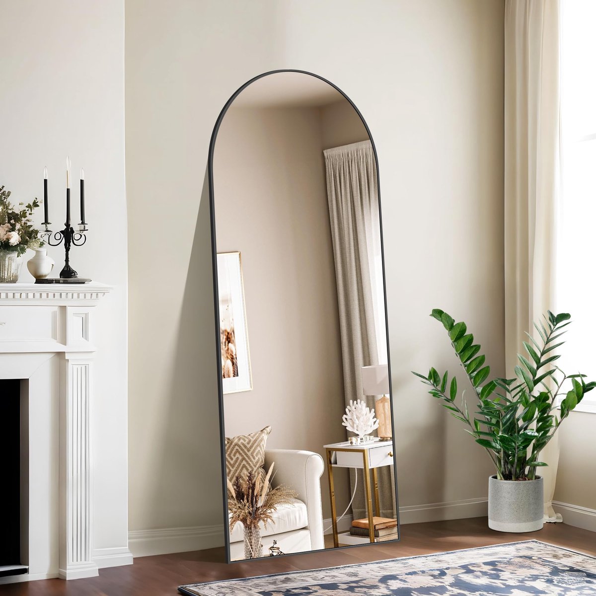 Spiegel, 165 x 60 cm, gebogen spiegel met zwart aluminium frame voor badkamer, slaapkamer, entree en hal