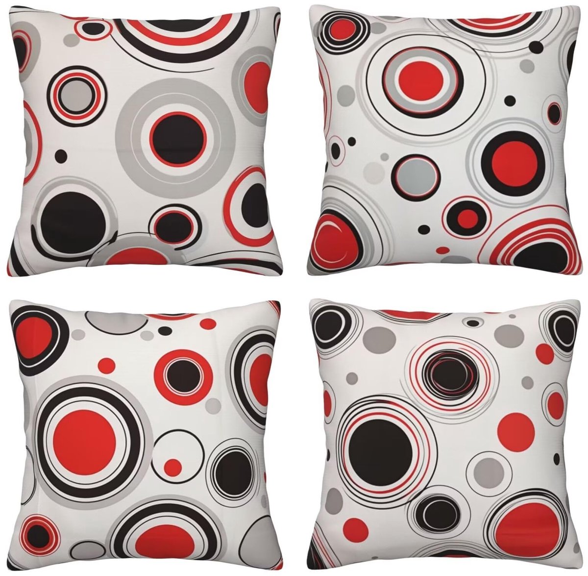 Set van 4 kussenslopen, sierkussenhoezen, rood-grijze cirkel, 65 x 65 cm, behaaglijk, kussenhoes met onzichtbare ritssluiting, zacht, wollig, bankkussen, wasbaar, voor terras, bank en woonkamer