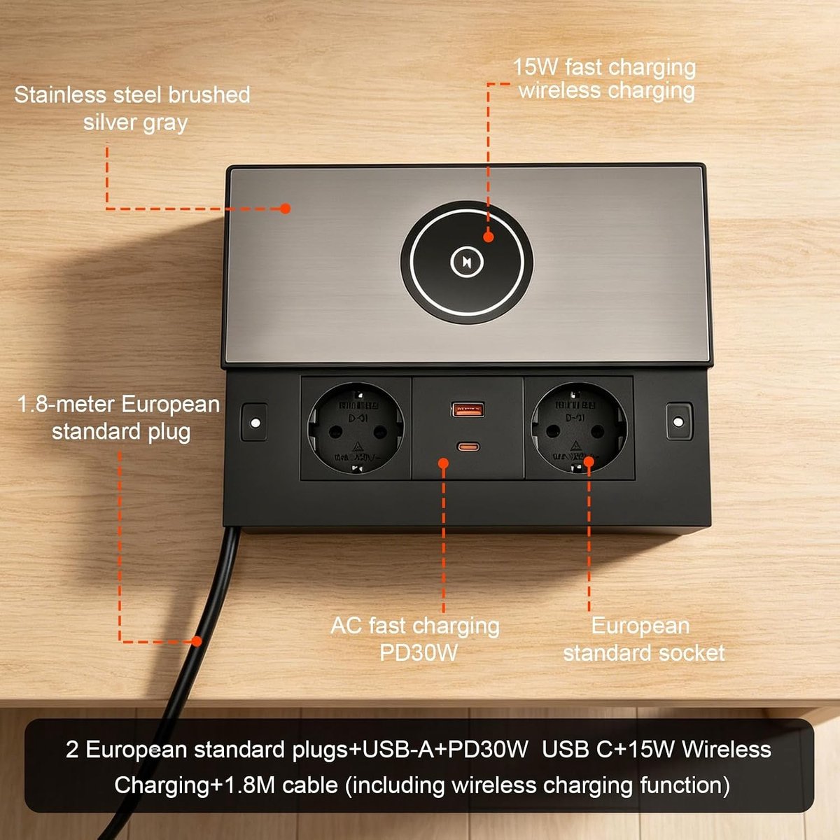 Inbouwstopcontact met 3-voudige aansluiting, 2 USB-A en 2 USB-C PD 30 W, draadloos opladen, intrekbaar en verstelbaar voor keuken, bureau en kantoor, 1,8 m lengte