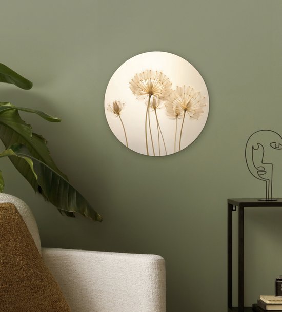 Wandcirkel met silhouetten van uitgebloeide paardenbloemen met zaden op een lichte achtergrond.