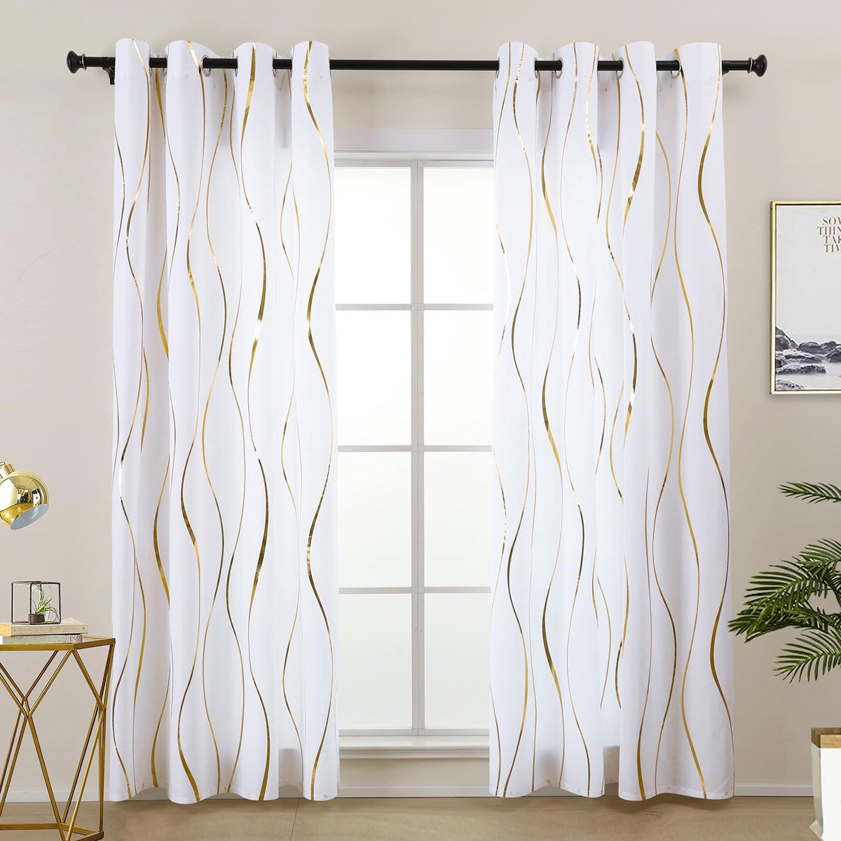 Gordijnen met kleurverloop, gordijnen goud goud wit voor woonkamer slaapkamer, kleurverloop, gordijnen met ombre-patroon, set van 2 lichtdoorlatend raamgordijn (LZE2251E-WG225)