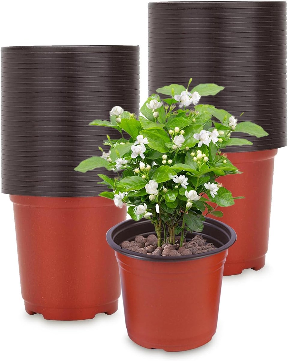 120 stuks ronde, gepolijste plastic plantenpotten met afloop voor tuinvruchten, groenten en bloemen (10 cm, peper, buitenshuis)