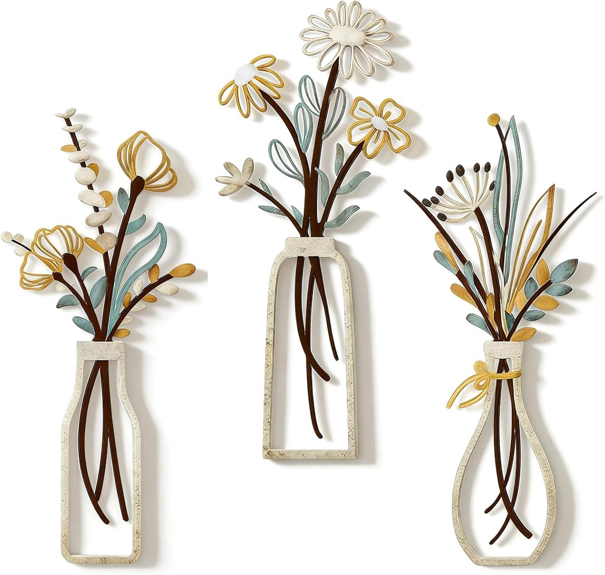 3 stuks metalen bloemen, wanddecoratie, kleurrijke metalen bloemen, wandsculptuur, minimalistische bloemen in vaas, hangende muurkunst van ijzer voor woonkamer, slaapkamer, badkamer, 35 x 15