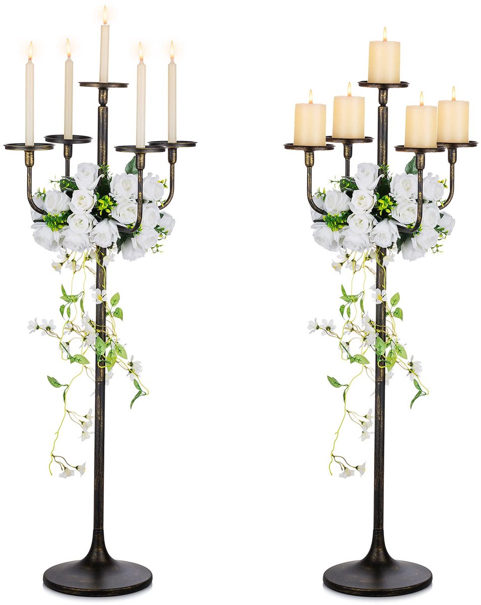 Vloerkandelaar voor Centrepiece: 2 Stuks Geëtste Zwarte Kaarsenhouder van 122 cm Hoog voor Taper en Pijlerkaarsen - 5-armige Extra Grote Kandelaar voor Halloween Kerstmisfeestjes Gotische