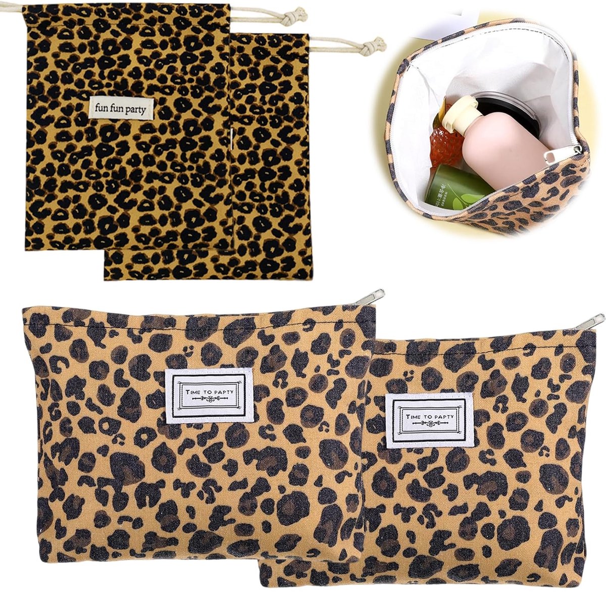 Dailygoods- Toilettas Dames - Corduroy - Luipaardpatroon - Make-uptas - Cosmetische Tas - Ademend Katoen - 4 Stuks - Cosmeticatas