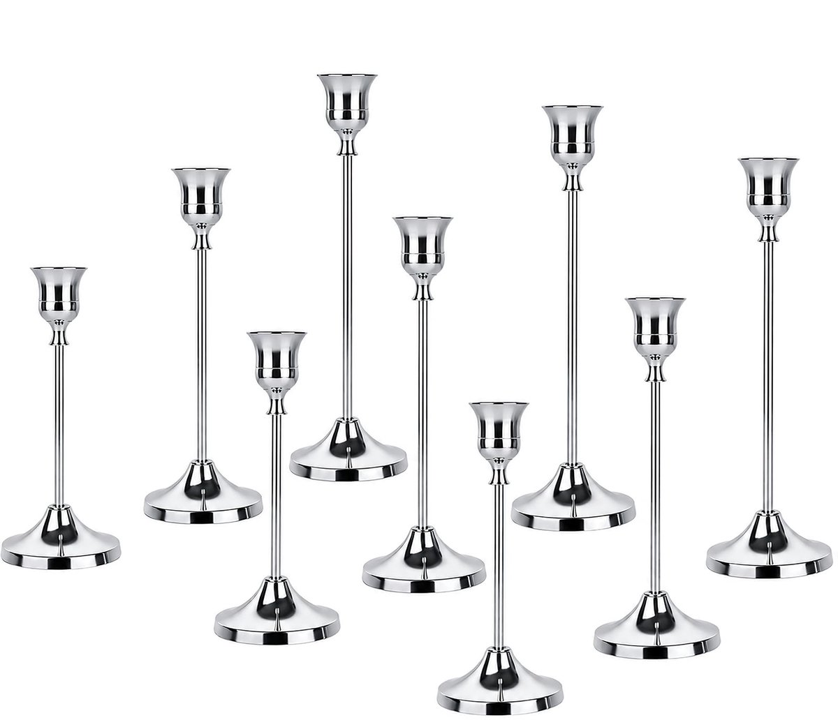 Kandelaarsset, Zilver Metalen Kandelaars voor Taperkaarsen | Vintage Kandelaars, Hoge & Lage Candle Holders voor Bruiloften, Feesten, Diners (Zilver)